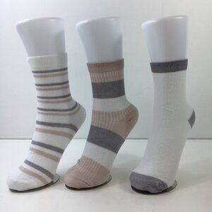 Womens Crew Socks 3 Pack Striped Ribbed White Pink Gray